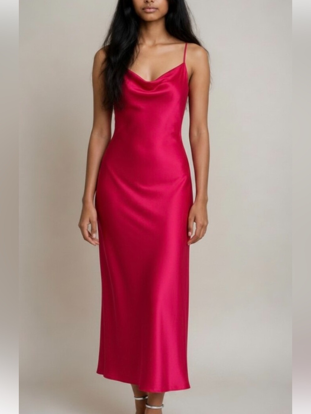 Satin Cowl Slip Dress - Red